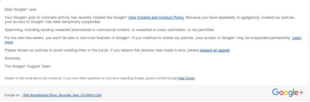 An email from Google saying I had violated G+ rules.