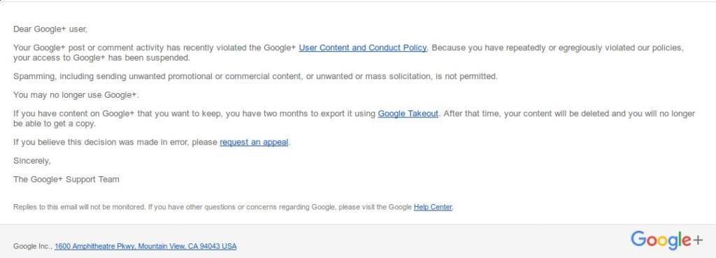 Google email saying I no longer had a G+ account. At all.