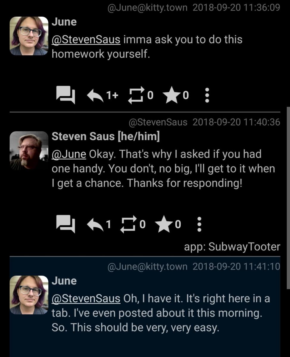 @StevenSaus imma ask you to do this homework yourself.  @June Okay. That's why I asked if you had one handy. You don't, no big, I'll get to it when I get a chance. Thanks for responding! @StevenSaus Oh, I have it. It's right here in a tab. I've even posted about it this morning. So. This should be very, very easy.