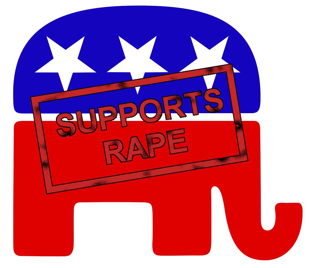 The GOP logo with SUPPORTS RAPE stamped over it