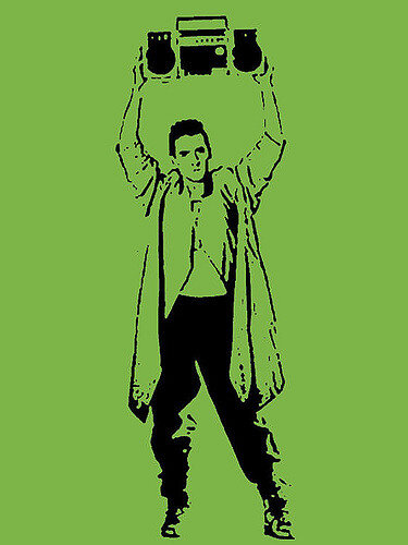 Illustration of a man holding a boom box as in "Say Anything"