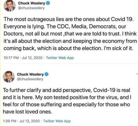 Screenshot of Chuck Woolery denying COVID-19, and then reversing a day later when his son tested positive.