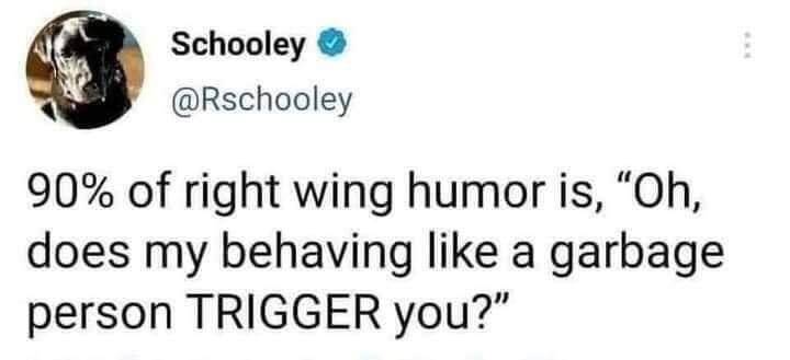 Twitter user @Rschooley:  90% of right wing humor is, "Oh, does my behaving like a garbage person TRIGGER you?"