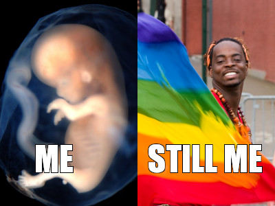 Image of a fetus with the word "ME", and an image of a Black person holding a rainbow flag during Pride with the words "STILL ME".