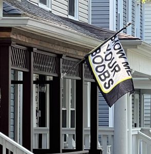 A porch with a flag clearly reading "Show me your boobs."