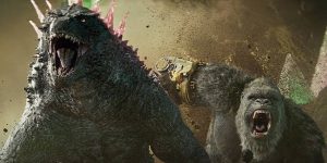 Godzilla and Kong doing the superhero run toward an enemy.