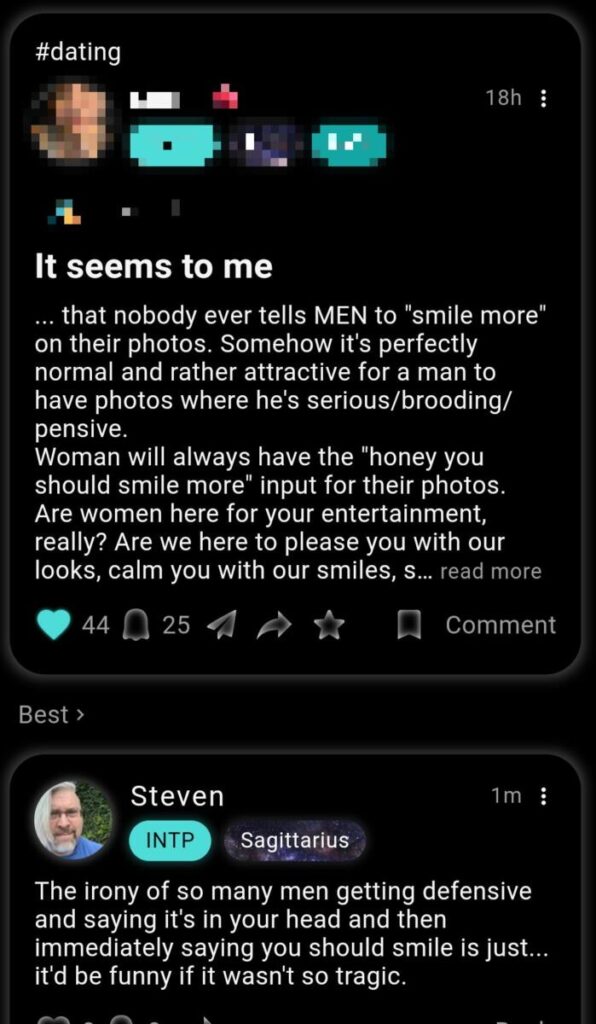 A woman complaining about men telling women to smile more in profile photos